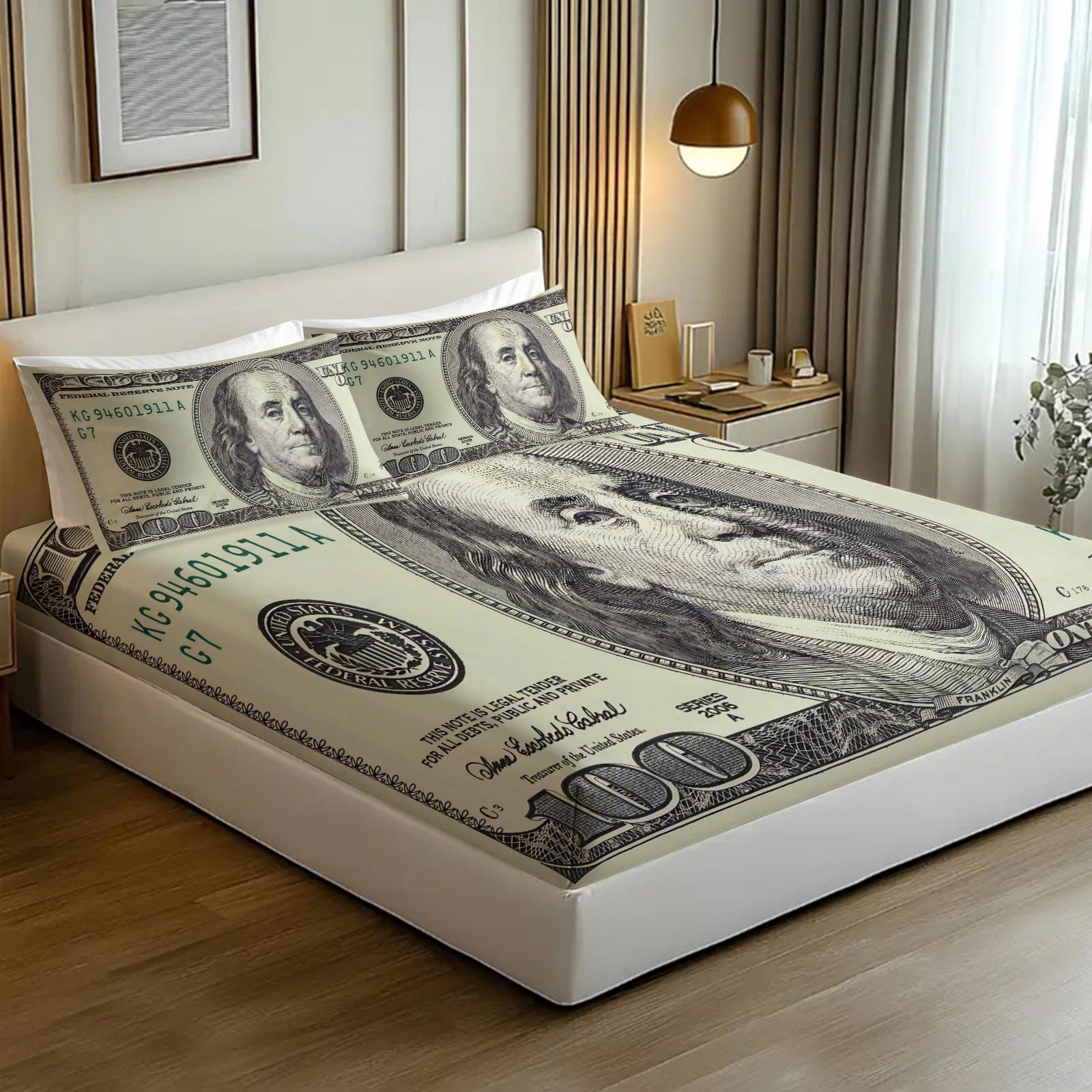 3-Piece Money Patterned Fitted Sheet Set,100 US dollars, Cash, USD Printed Bedding Set, Bed Sheets Set ,Suitable for Those Who Love Money for Bedroom Decoration. The Material Is Soft, Breathable, and Comfortable, Including 1 Fitted Sheet and 2 Pillowcases