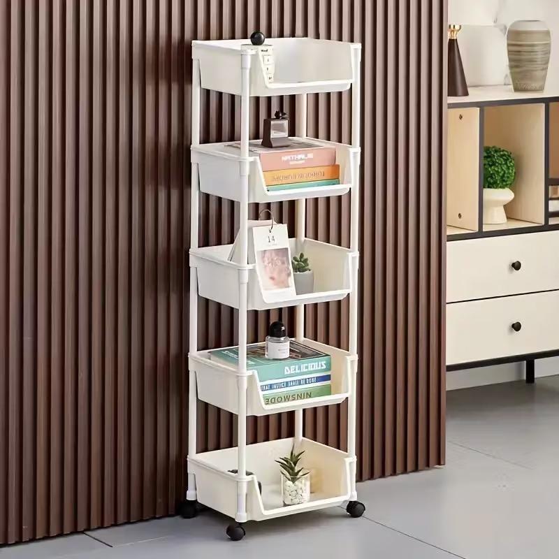 5 Layer Practical Mobile Rolling Multi-Functional Plastic Storage Cart with 4 Wheels, Floor Standing Shelves for Living Room Bedroom Dormitory Home Bookshelf Display Storage Rack