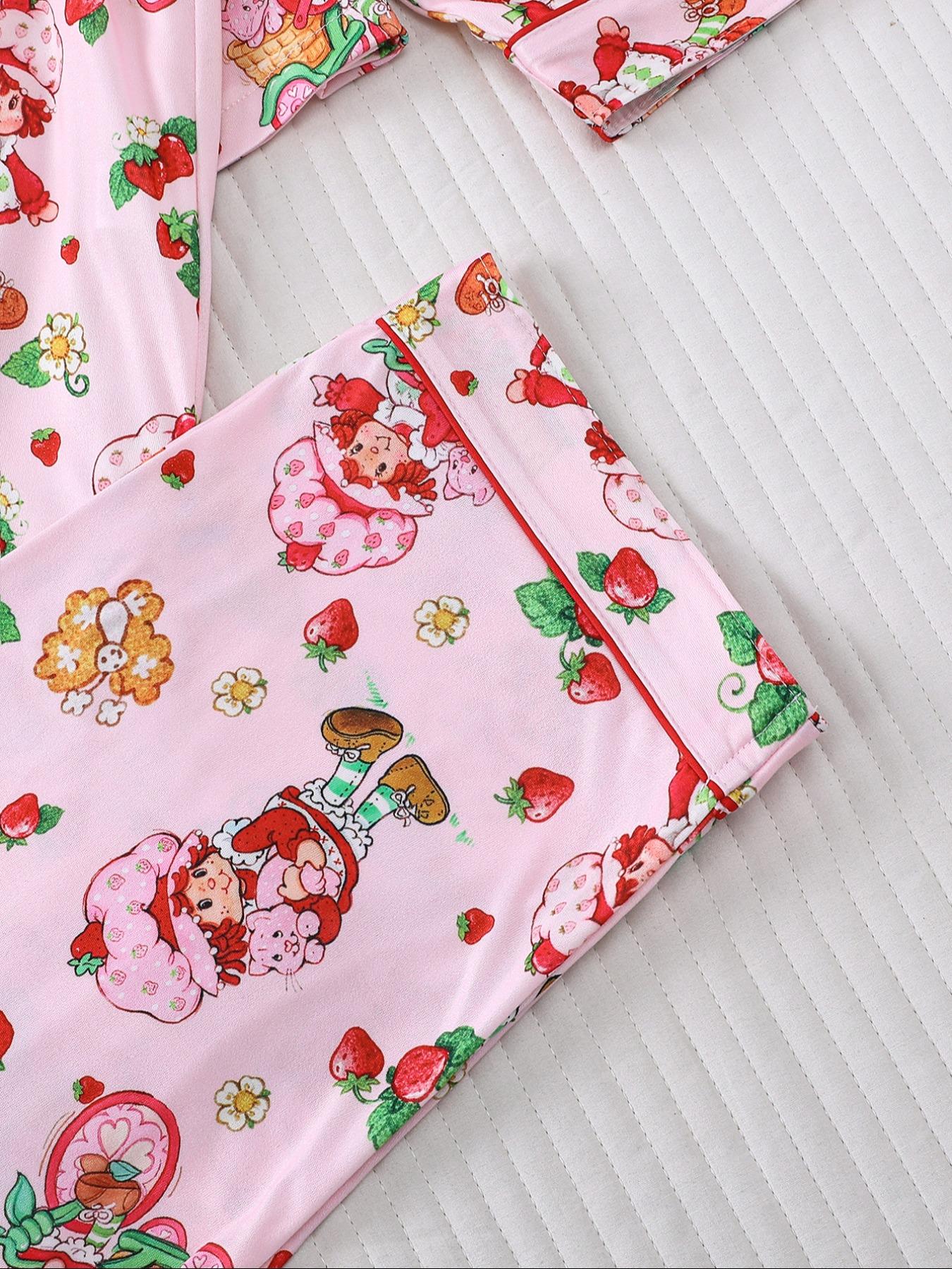 Women's Strawberry Pattern Print Sleepwear Set, Long-Sleeve Button-Up Top & Elastic-Waist Pants, Casual Fall Winter Pajamas, Comfortable Home Wear