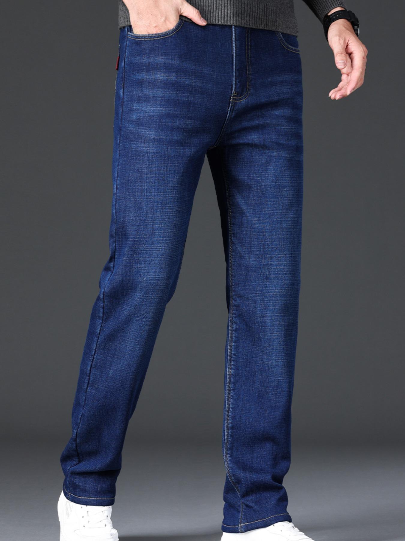 Men's Thickened Winter Fleece Jeans, Classic Loose Straight Leg High Waist Casual Elastic Pants, Warm Long Denim Trousers for Fall & Winter, Fashion Jean Bottoms