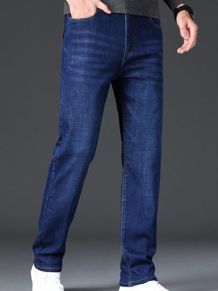 Men's Thickened Winter Fleece Jeans, Classic Loose Straight Leg High Waist Casual Elastic Pants, Warm Long Denim Trousers for Fall & Winter, Fashion Jean Bottoms