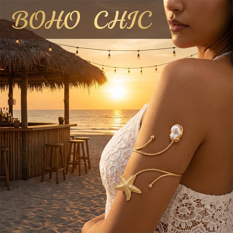 Elegant Starfish and Seashell Open Bangle Bracelet for Women Adjustable Metal Arm Cuff Jewelry Trendy Ocean Inspired Fashion Accessory Summer Beach Style