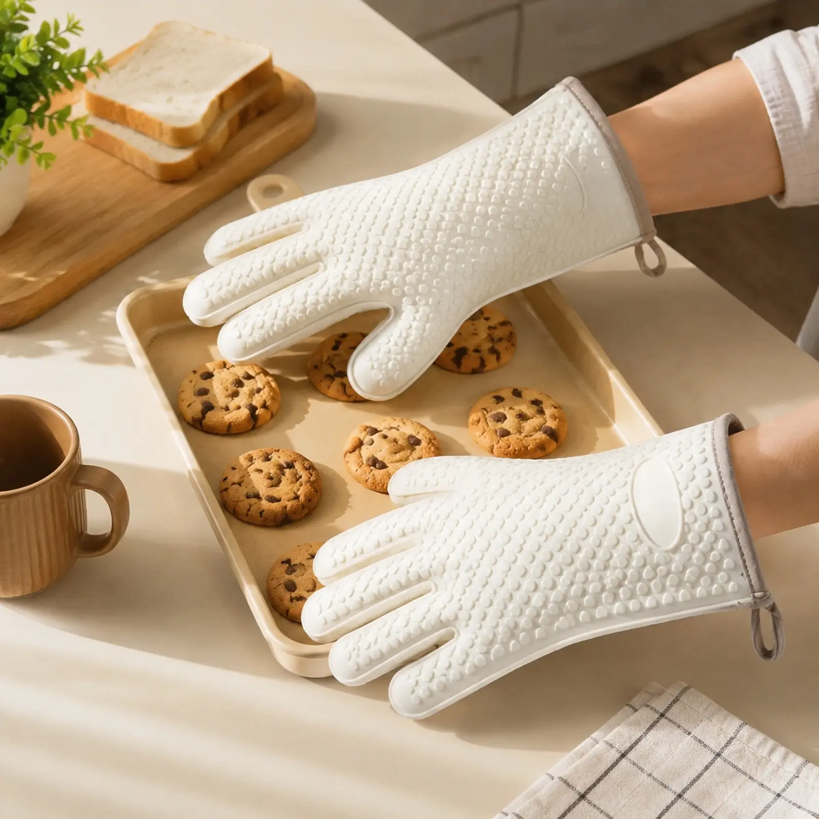 Finger-Type Silicone Oven Mitts, Non-Slip Waterproof Heat-Insulating Bakeware Gloves for Home Kitchen Cooking
