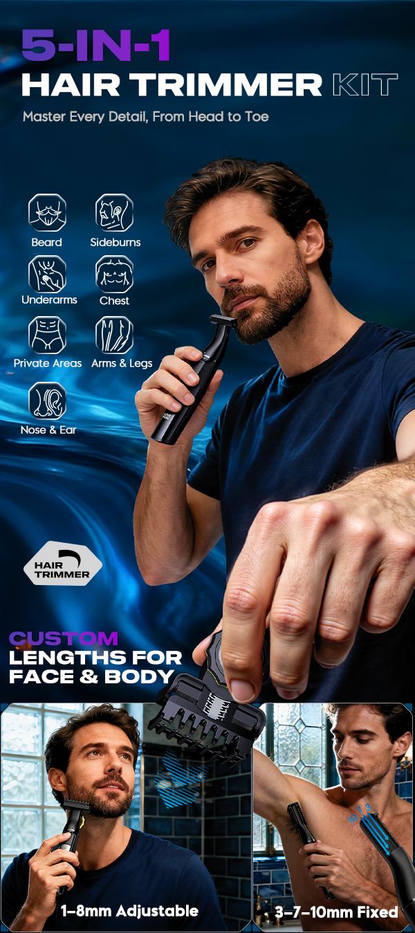 Sybler Beard Trimmer for Men 5 in 1, Electric Grooming Kit with Adjustable 1–8mm Comb, Body Shaver, Nose & Ear Hair Trimmer, IPX7 Waterproof, Type-C Fast Charge, LED Display, 120-Min Cordless Use Sybler Beard Trimmer for Men 5 in 1, Electric Grooming Kit with Adjustable 1–8mm Comb, Body Shaver, Nose & Ear Hair Trimmer, IPX7 Waterproof, Type-C Fast Charge, LED Display, 120-Min Cordless Use