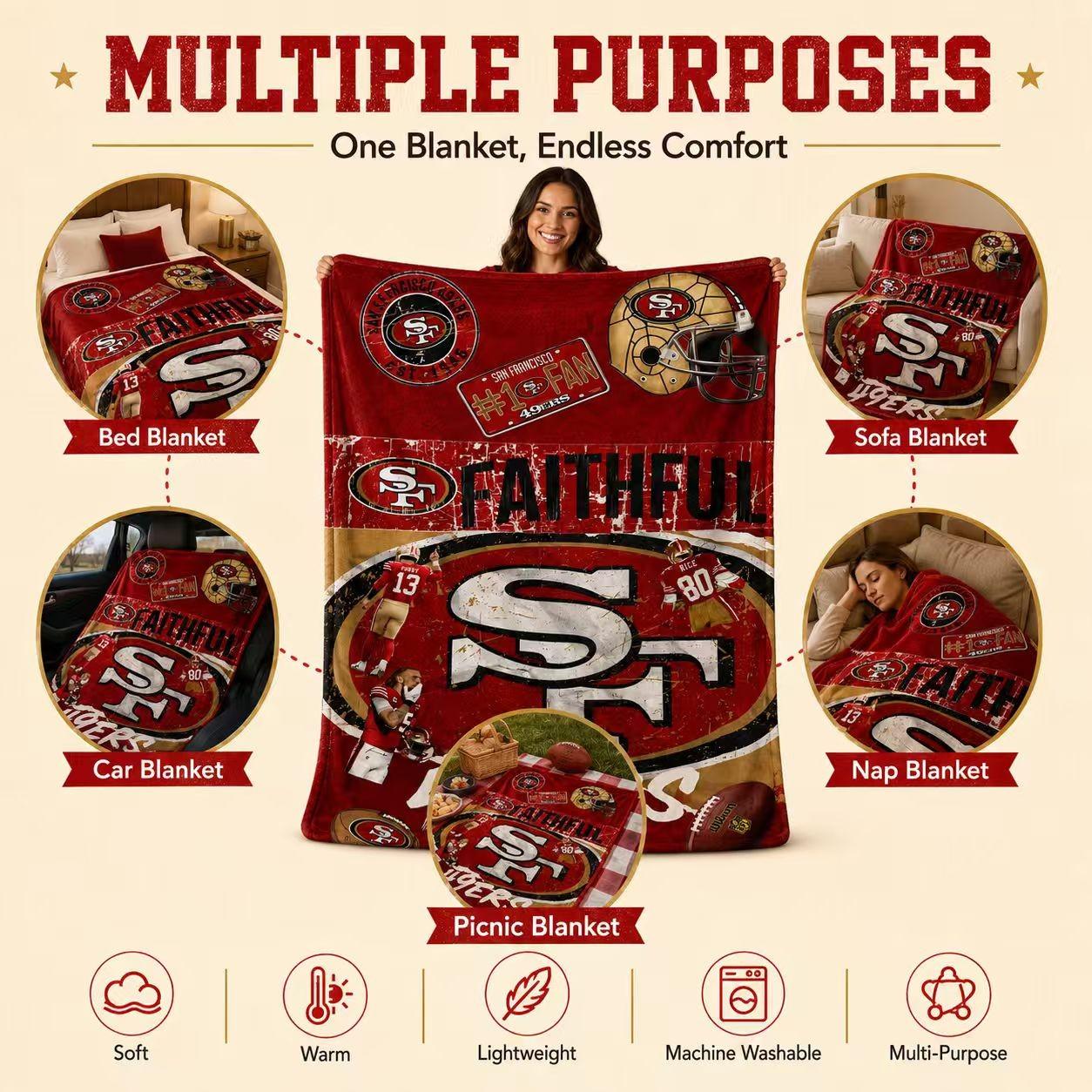 San Francisco 49ers Flannel Blanket, Vintage Texture Team Logo, Thick Soft Anti-Pilling Washable, All-Season Adult Throw, Gift for Football Fans