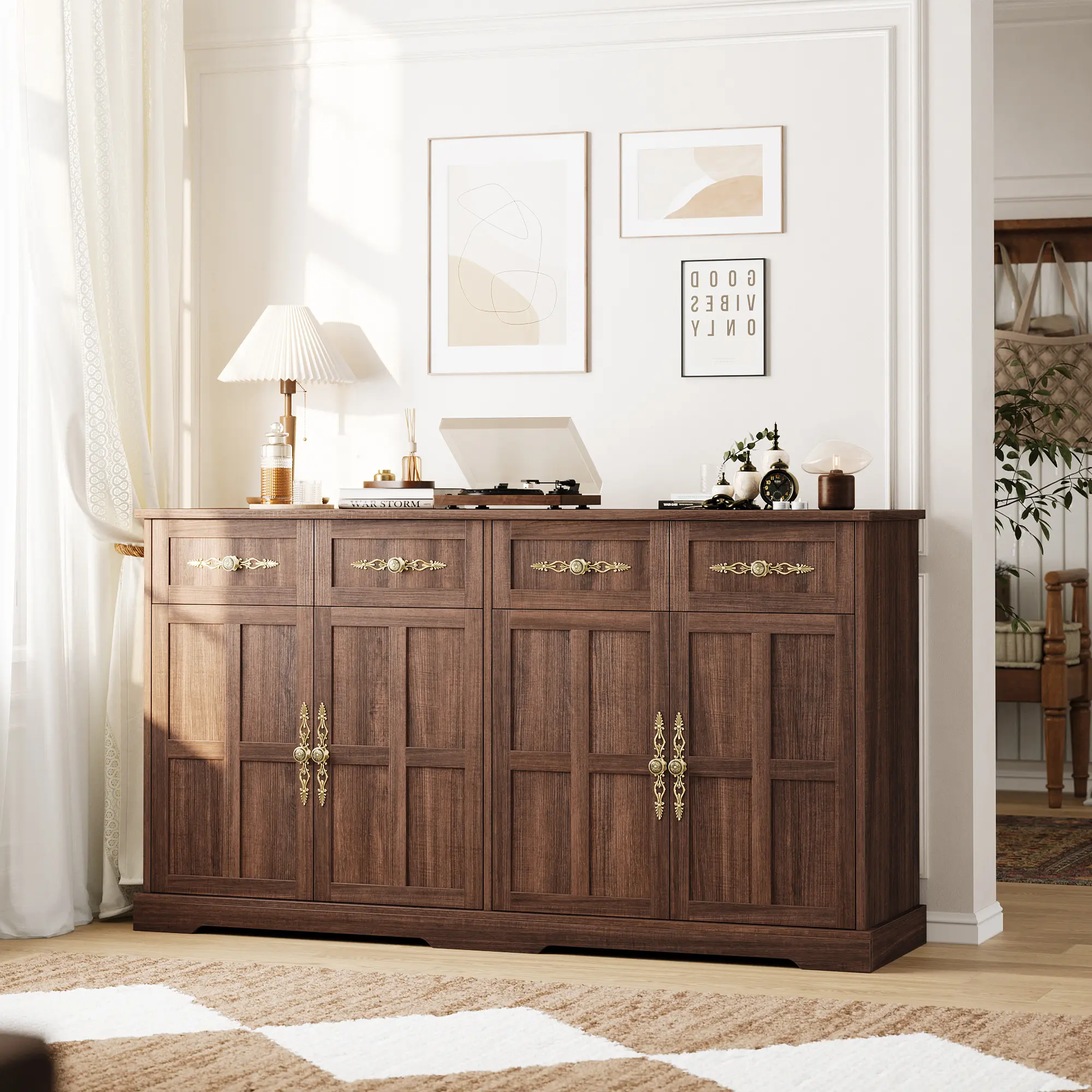 GARVEE 63" Modern Farmhouse Storage Cabinet - 4 Doors, 4 Drawers, Gold Handles - Buffet Sideboard & Console Table for Dining Room, Living Room, Entryway
