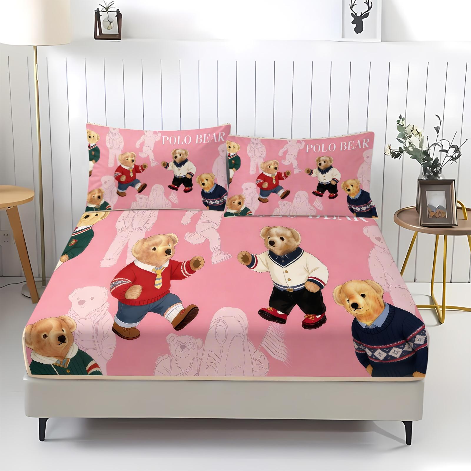 3-Piece Trendy Teddy Bear Patterned Bed Sheet, Soft And Durable Bedding Set Including 1 Bed Sheet And 2 Pillowcases, Suitable For Daily Holiday, Birthday, Gift, Bedroom Decoration For Children And Adults