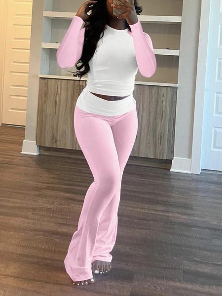 Women's Casual Round Neck Long Sleeve Colorblock Patchwork T-Shirt and Pants Set, Spring & Fall Fitted, 2 Piece Set