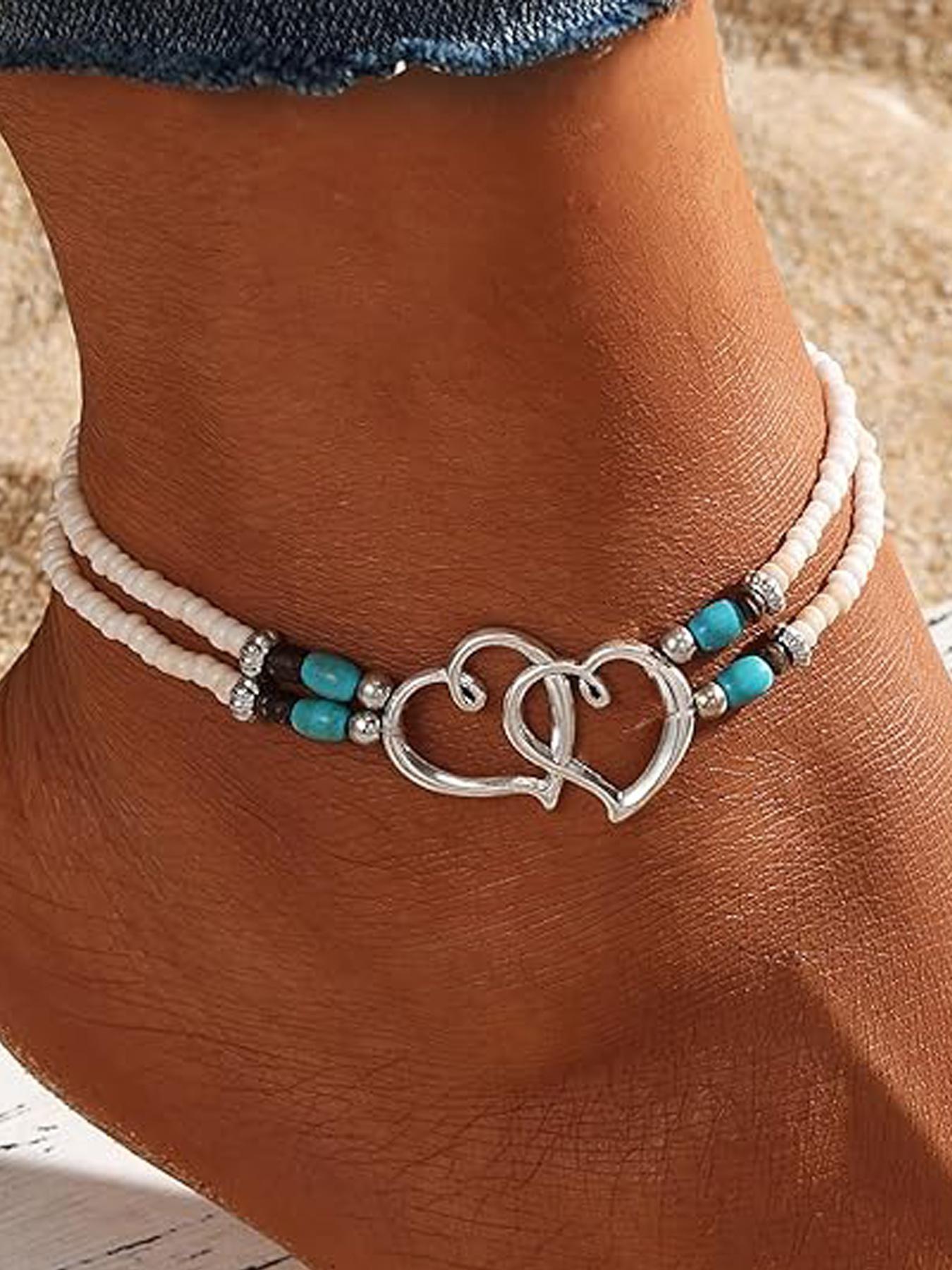 Boho Style Beaded Dainty Layered Anklet Necklace Set, Silver Color Heart Design Jewelry Gift for Women, Ideal Summer Accessory for Special Occasions