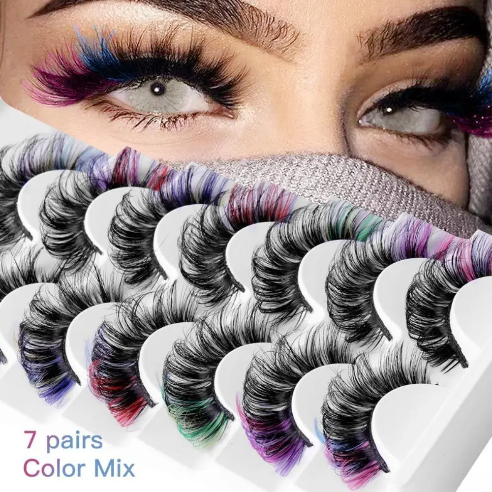 7 Pairs Colored False Eyelashes Set, D Curl Voluminous Curly Lash Strips, Soft Fluffy Colorful Lashes for Cosplay, Party & Creative Eye Makeup Looks, Pack, Lightweight, Color Mix7