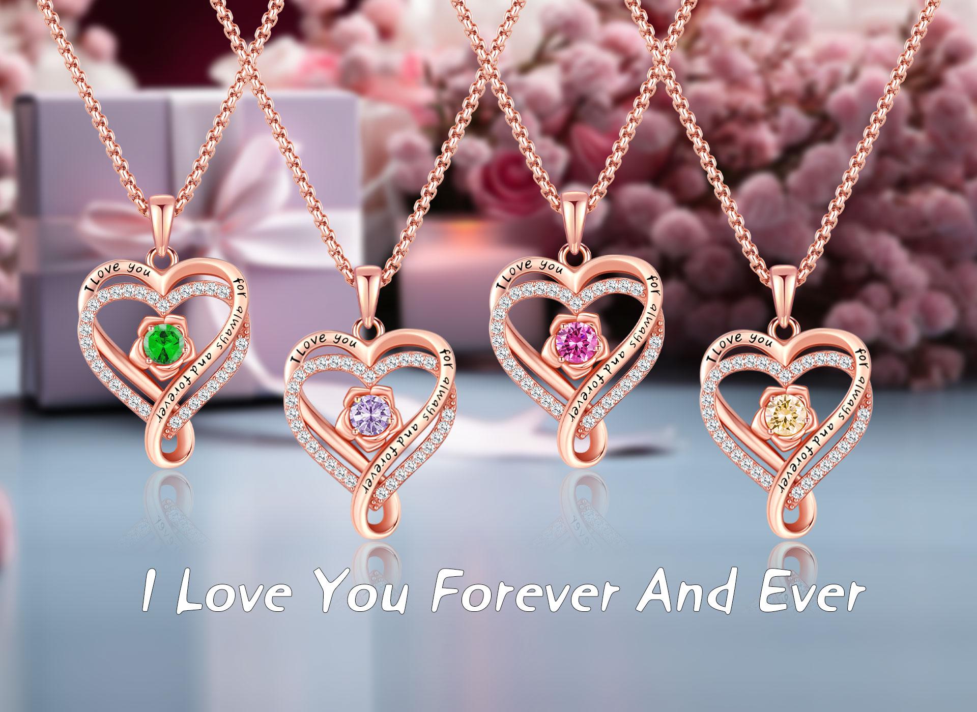 DRINSPER Elegant Birthstone Heart Necklace, Sparkly Rose Gold Heart Necklace, Trendy Necklace Fashion Matching Jewelry Accessories, Artificial Cubic Zirconia Decor, Cute Birthday Gift for Mom for Girlfriend for Women