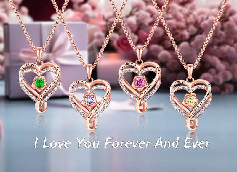 DRINSPER Elegant Birthstone Heart Necklace, Sparkly Rose Gold Heart Necklace, Trendy Necklace Fashion Matching Jewelry Accessories, Artificial Cubic Zirconia Decor, Cute Birthday Gift for Mom for Girlfriend for Women