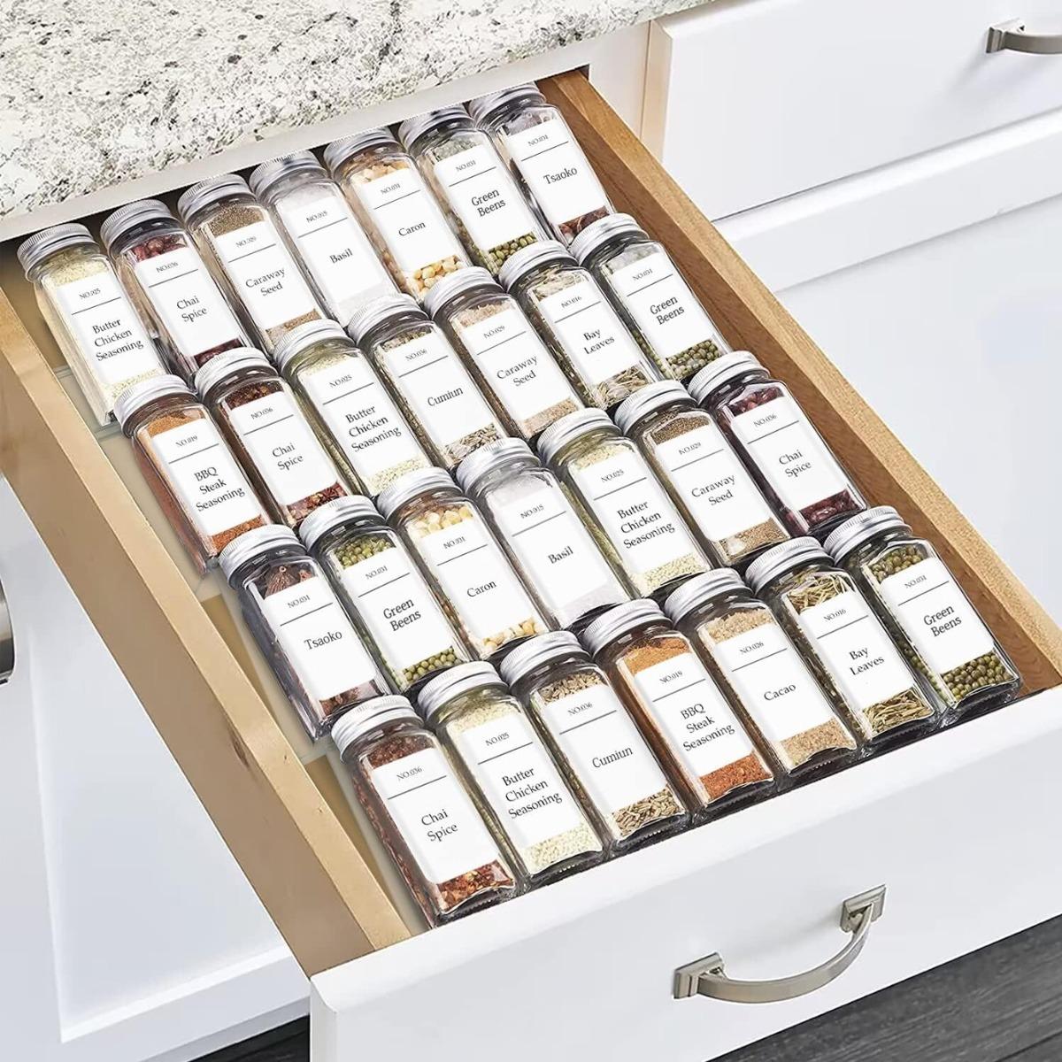 4PCS Kitchen Spice Organizer Box Set, Stackable Clear Acrylic Seasoning Rack Display Stand Set for Spice Jars and Bottles, Suitable for Drawer Cabinet and Countertop Storage, Home Kitchen Sorting and Organization Shelf