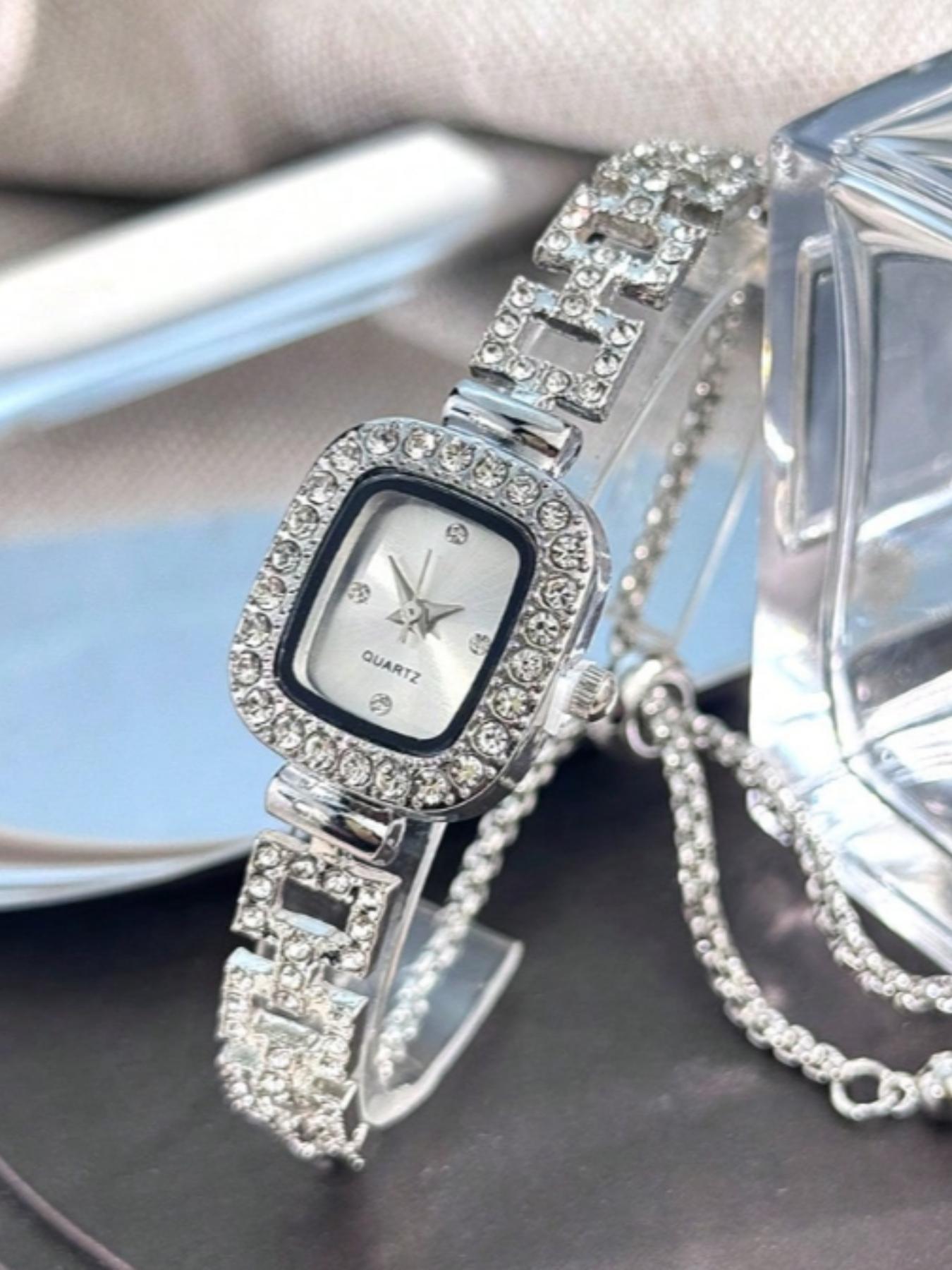 1pc Women's Silver Square Case Watch With Rhinestone Scale Dial, Diamond-Encrusted Square Design, Adjustable Chain, Quartz Movement, Hip-Hop Style