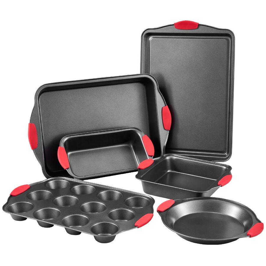 VEVOR Baking Pans Set, 6-Piece, Nonstick Carbon Steel Cookware Sheets Trays, Stackable Kitchen Oven Bakeware Cooking Sets with Silicone Handles, Easy to Clean, for Baking Cookie Cake Muffin Bread