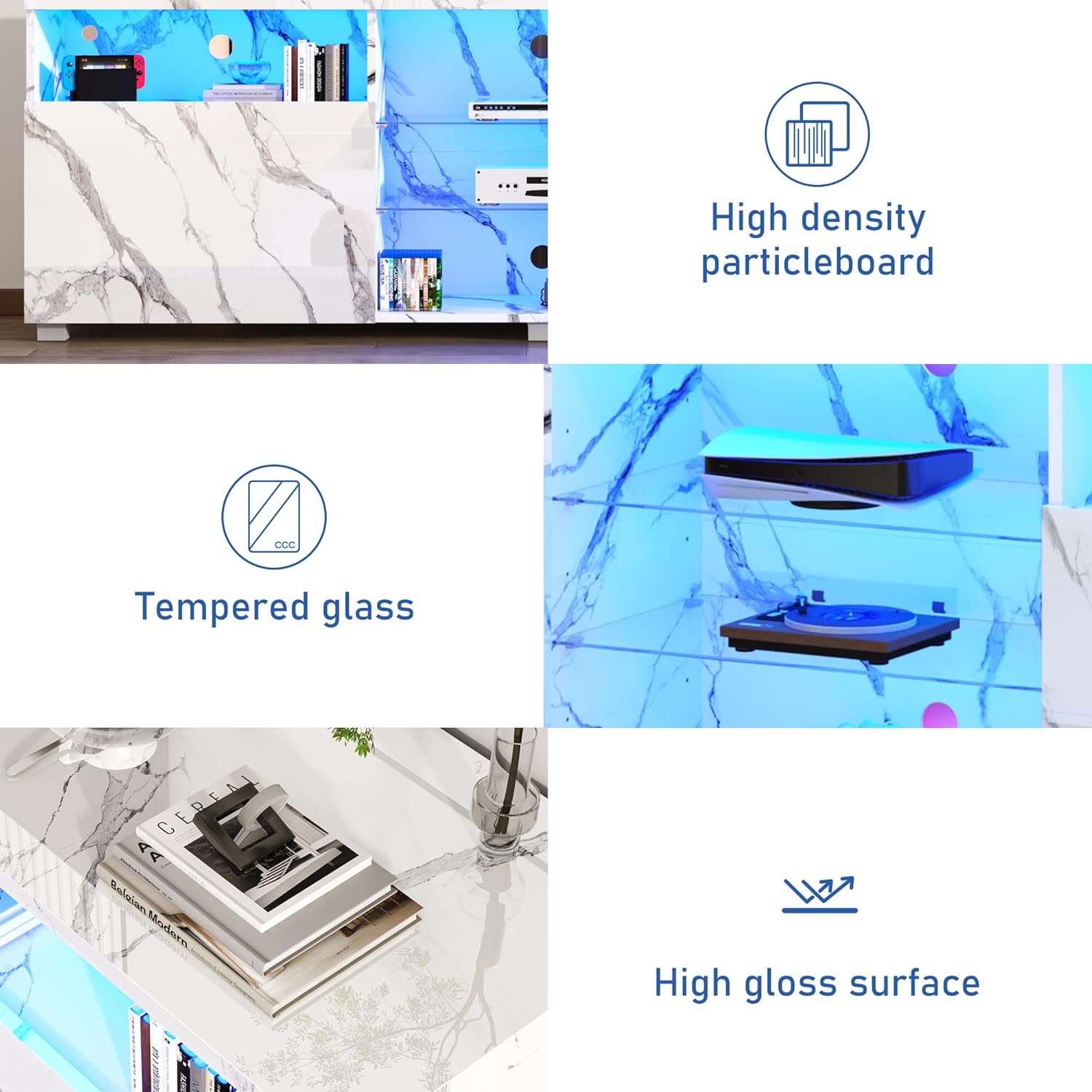 Modern LED 57/65/71/80.7/86.6in TV Stand for 55/60/65/70/75/80/85/90/95 inch TV,High Glossy TV Entertainment Center with Storage Drawer,TV Stands for Living Room,APP RGB Light,Smart Modern TV Cabinet (Black/White Marble/Black Marble)