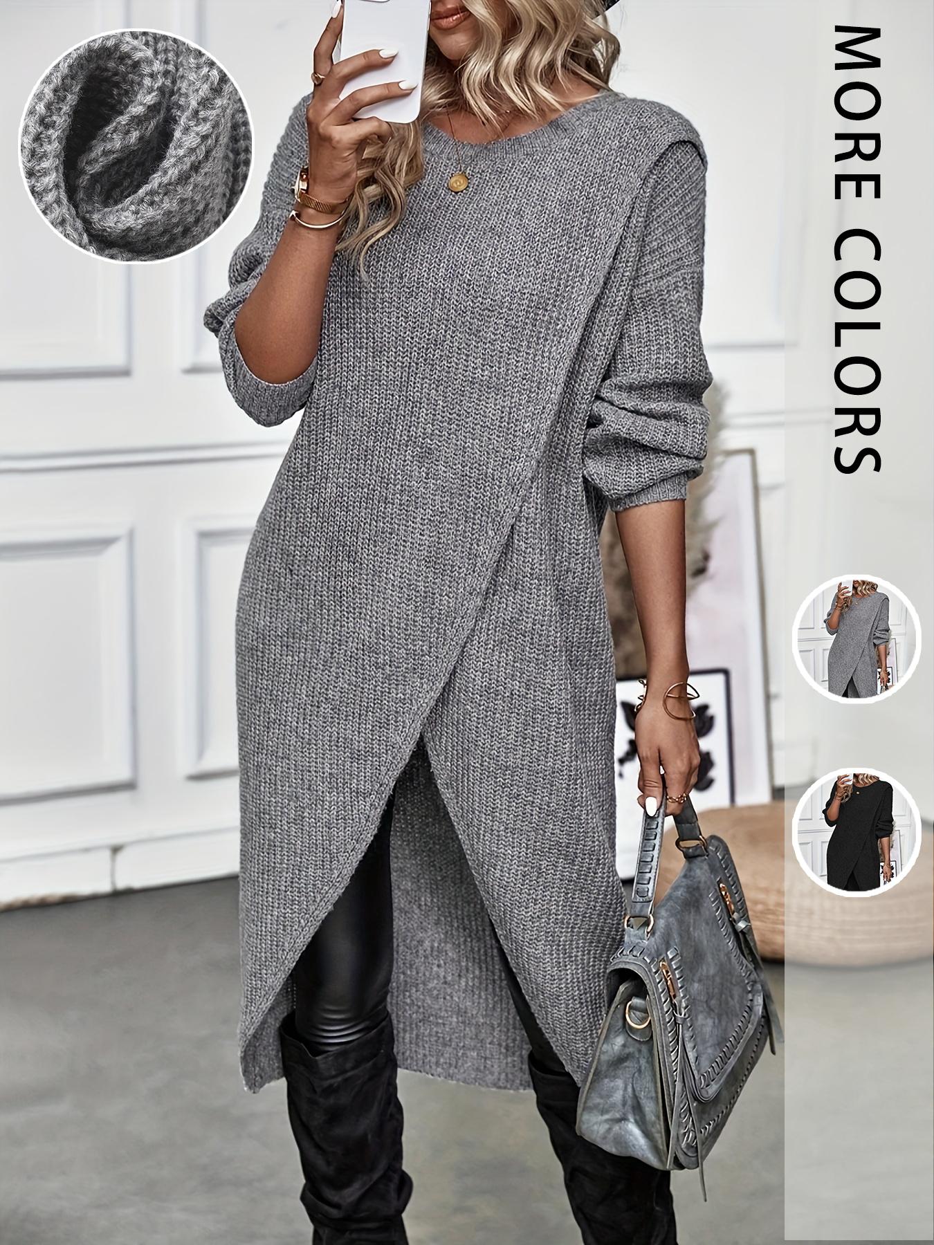 Women's Plain High Low Hem Wrap Tunic Sweater Dress, Casual Drop Shoulder Long Sleeve Dress for Fall & Winter, Women's Clothing for Daily Wear