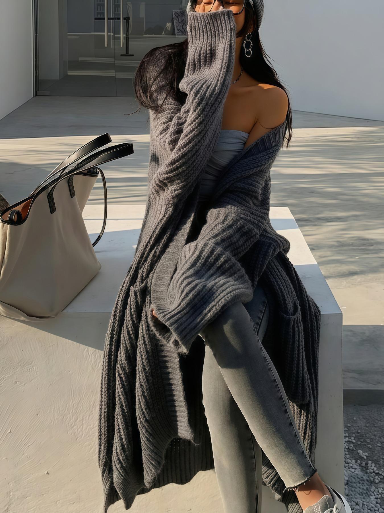 Women's Oversized Y2K Long Knit Cardigan, Ribbed Knit Fabric with Pockets, Loose Fit, Perfect for Spring, Fall and Winter, Casual Layering Outerwear