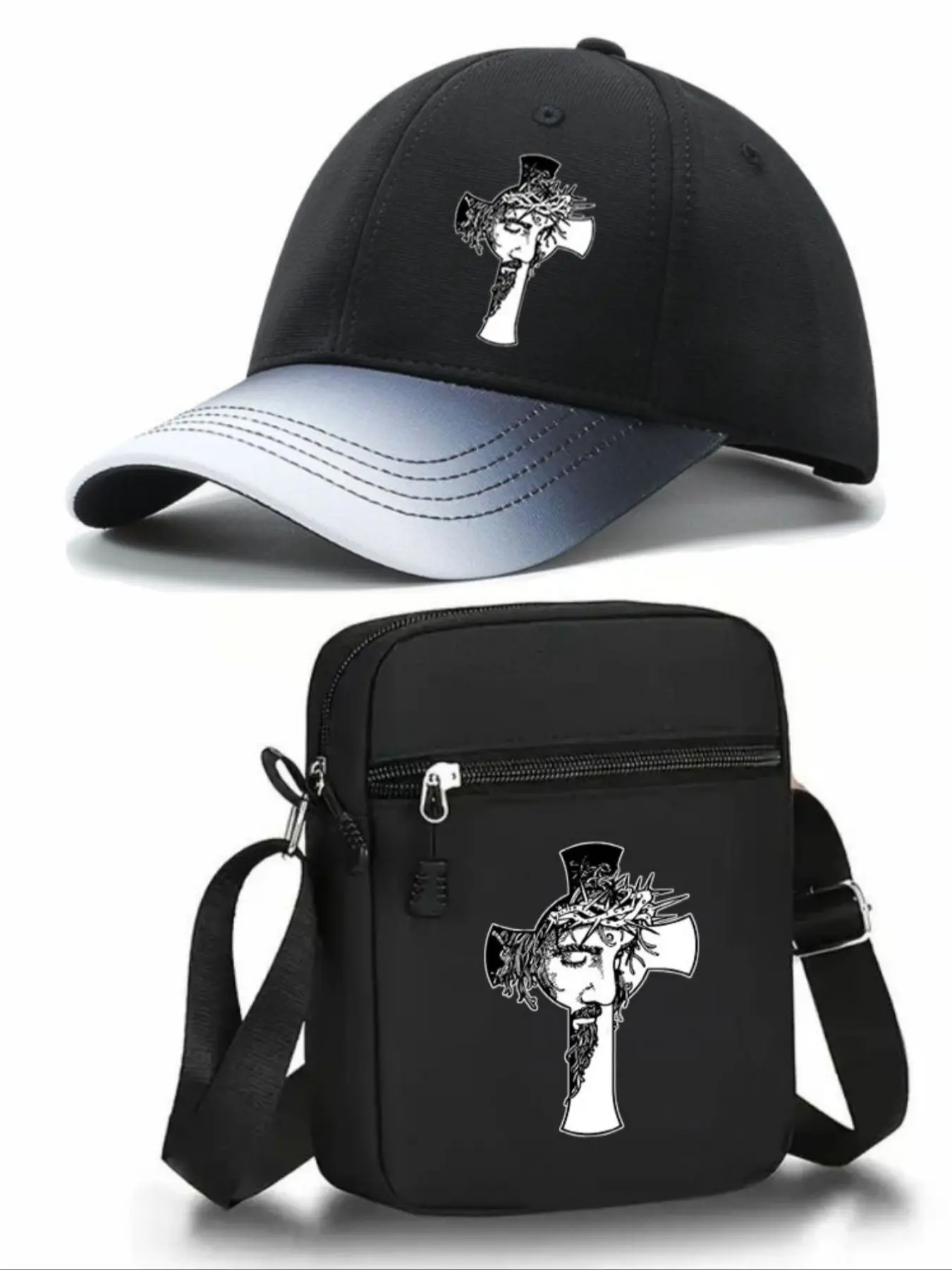 Jesus Cross Pattern Baseball Hat with Cross and Shoulder Bag Set, Adjustable Street Fashion, Unisex, All Seasons, Perfect for Daily Wear and Gifts
