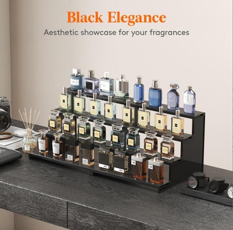Black Display Risers Stand, 4 Tier, Plastic Cologne Organizer Perfume Stand, Display for Vanity, Dresser, Figures, Cupcake, Dessert, Spice, Fragrance, Countertop, Cabinet Use