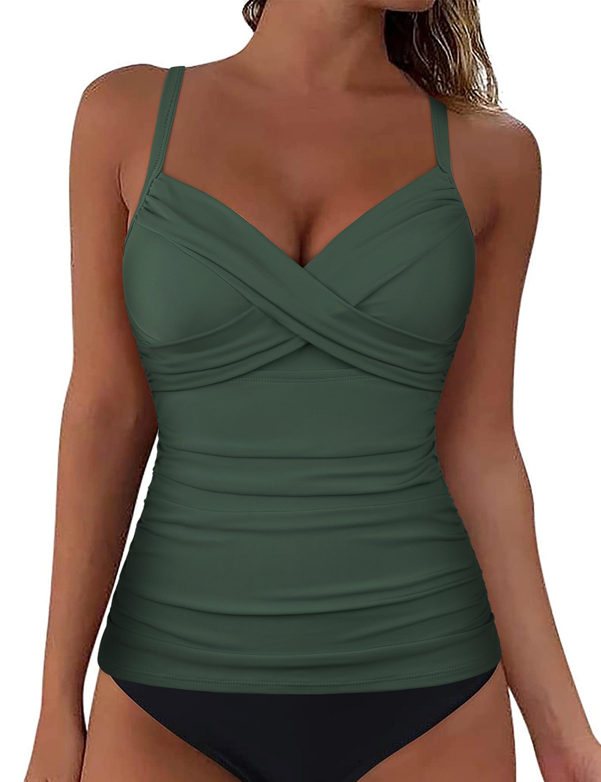 Hilor Women's Underwire Tankini Top Swimwear Twist V Neck Swimsuits for Big Busted Tummy Control Bathing Suits Top Only