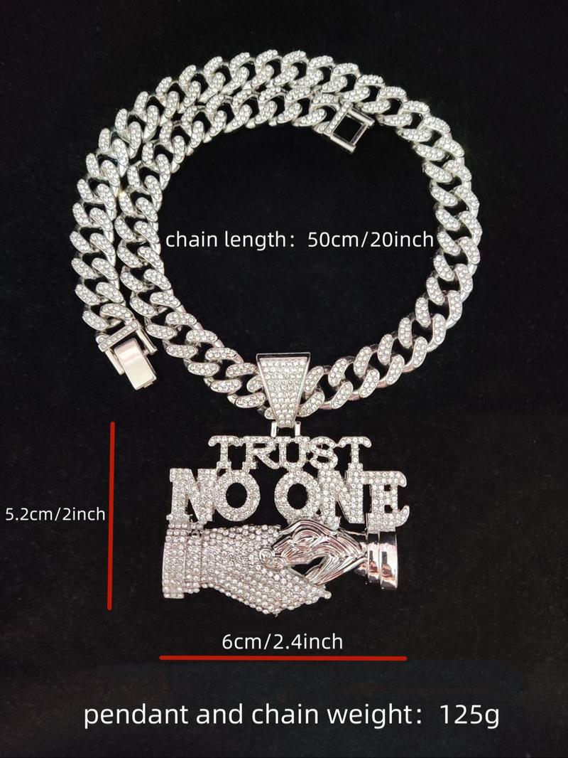2024 Fashion Rhinestone Decorated Cuban Link Chain Necklace with Letter Handshake Shaped Pendant Design, Punk Casual Trendy Chain Pendant Necklace for Party & Daily Decoration Without Box, Jewel Necklace