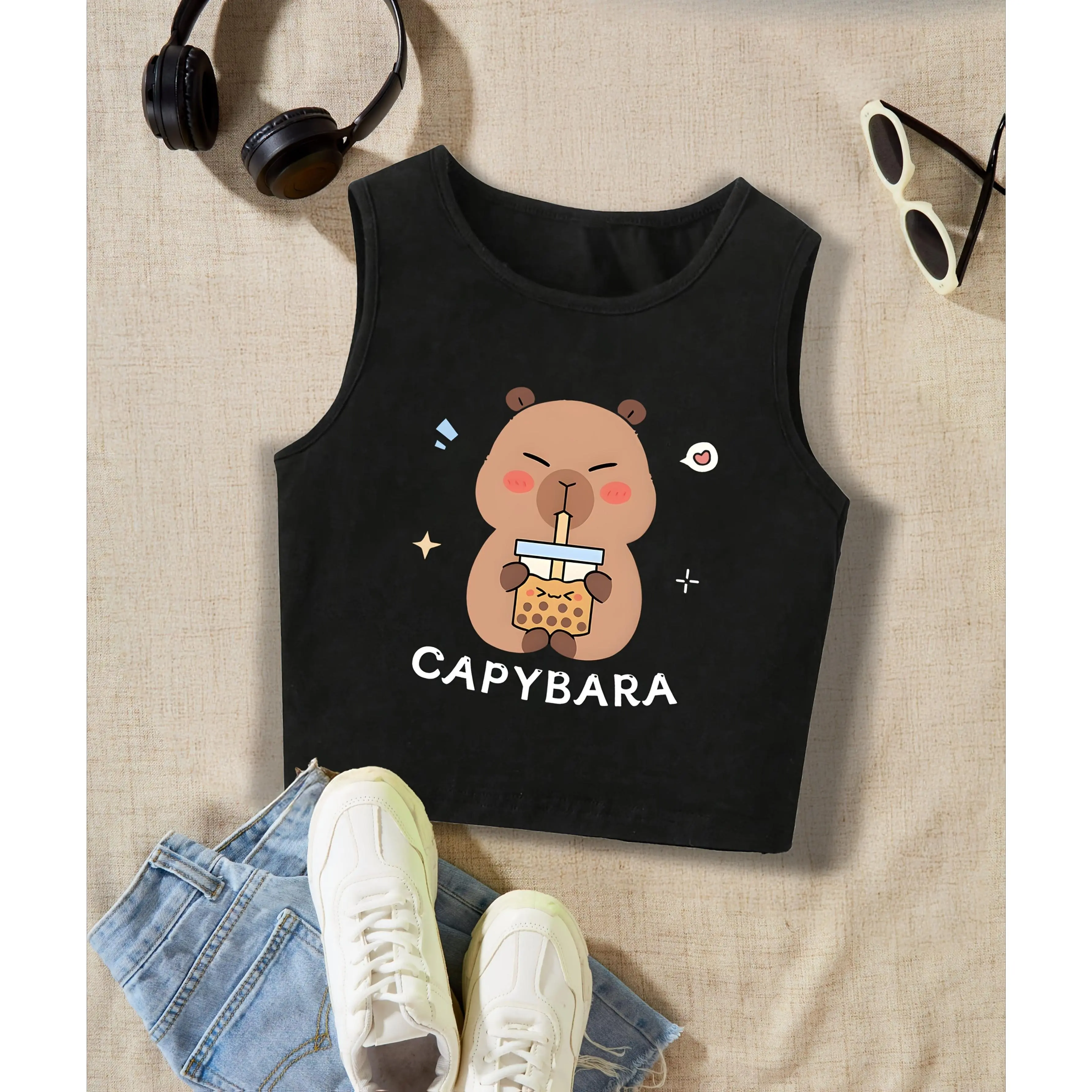 1pc Capybara Stylish Sleeveless Top for Girls, Suitable for Outdoor Activities
