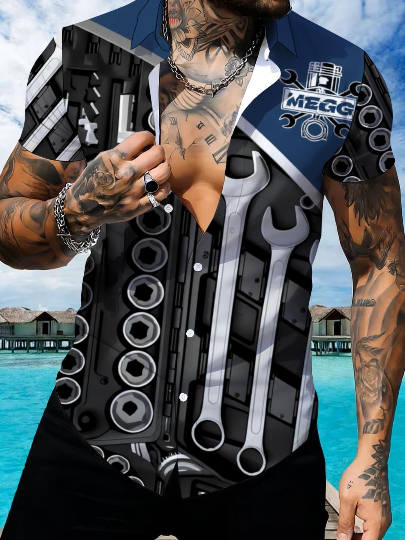 Mechanical Tool Pattern Short Sleeve Shirt, Men's Casual Workwear Style Print Workshop Work Uniform Custom Style