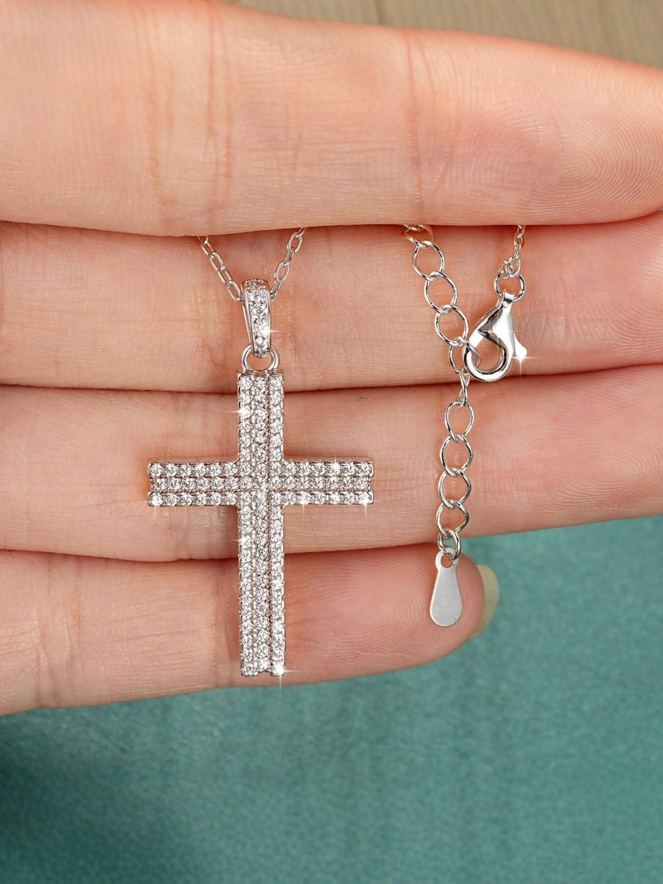 Double row diamond cross necklace, ice cut CZ diamond Christian cross pendant, 14K gold-plated hip-hop men's and women's religious jewelry, baptism confirmation gift
