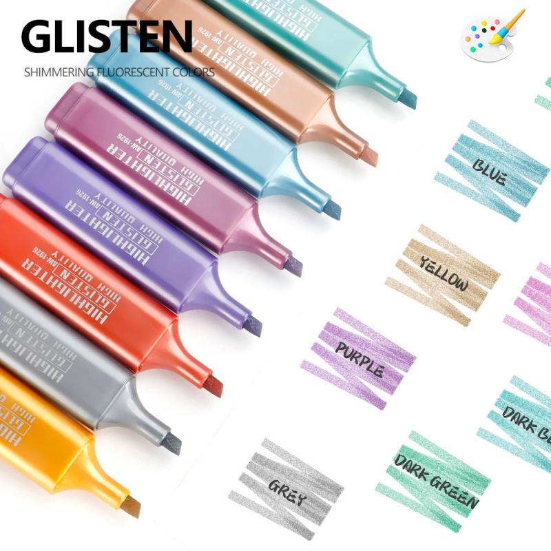 Glitter Highlighters Set 8Pack Subtle Colors with Chisel Tips, Flexible Line Width and Smudge-Proof Water-Based Ink for Sparkling Note-Taking,Cute Markers