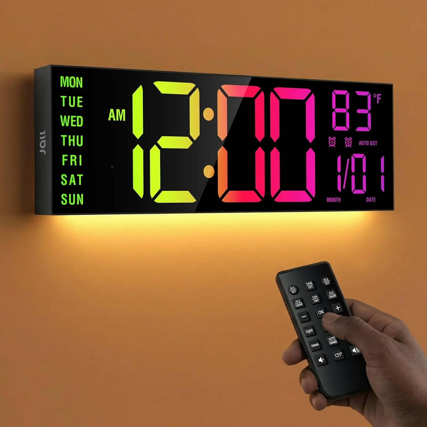 16" Large Digital Wall Clock with RGB Colors for Bedroom, Wall Clock with Loud Dual Alarm for Heavy Sleepers, Digital Clock with Temp Timer Bluetooth Time Set, Wall Decor for Classroom, Black