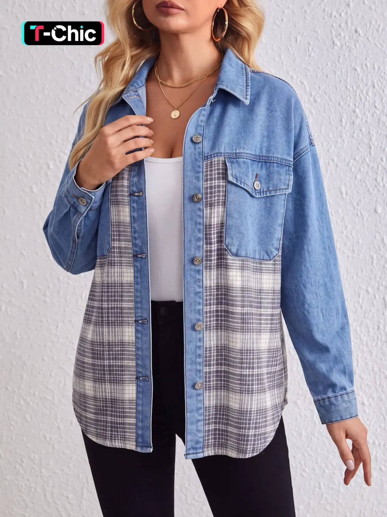 Women's Oversized Light-Wash Denim Shacket with Plaid Patchwork for Casual Layering Jackets