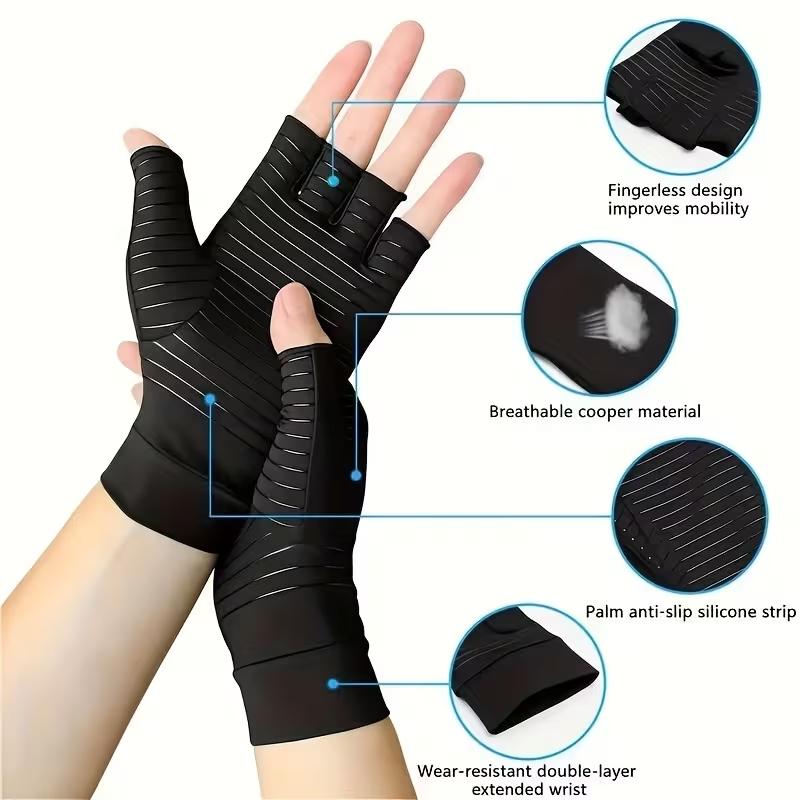 Copper Compression Arthritis Gloves Hand Support Copper Infused Fingerless Design Hand Brace For Carpal Tunnel RSI Rheumatoid Tendonitis Hand Pain Relief Computer Typing Breathable Material