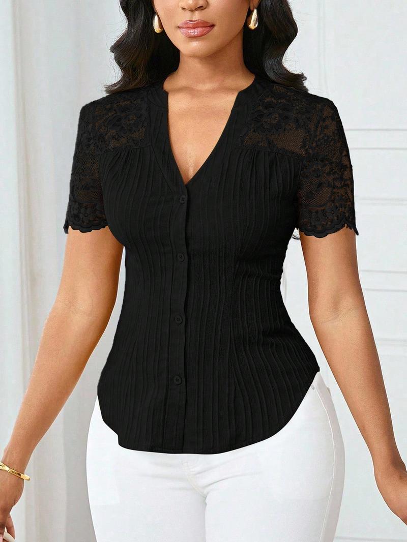 Valentine's Day Women's Solid Color Simple Commuter Casual Shirt Summer Style, Ladies Plain Design Office Wear, Comfortable and Stylish Blouse