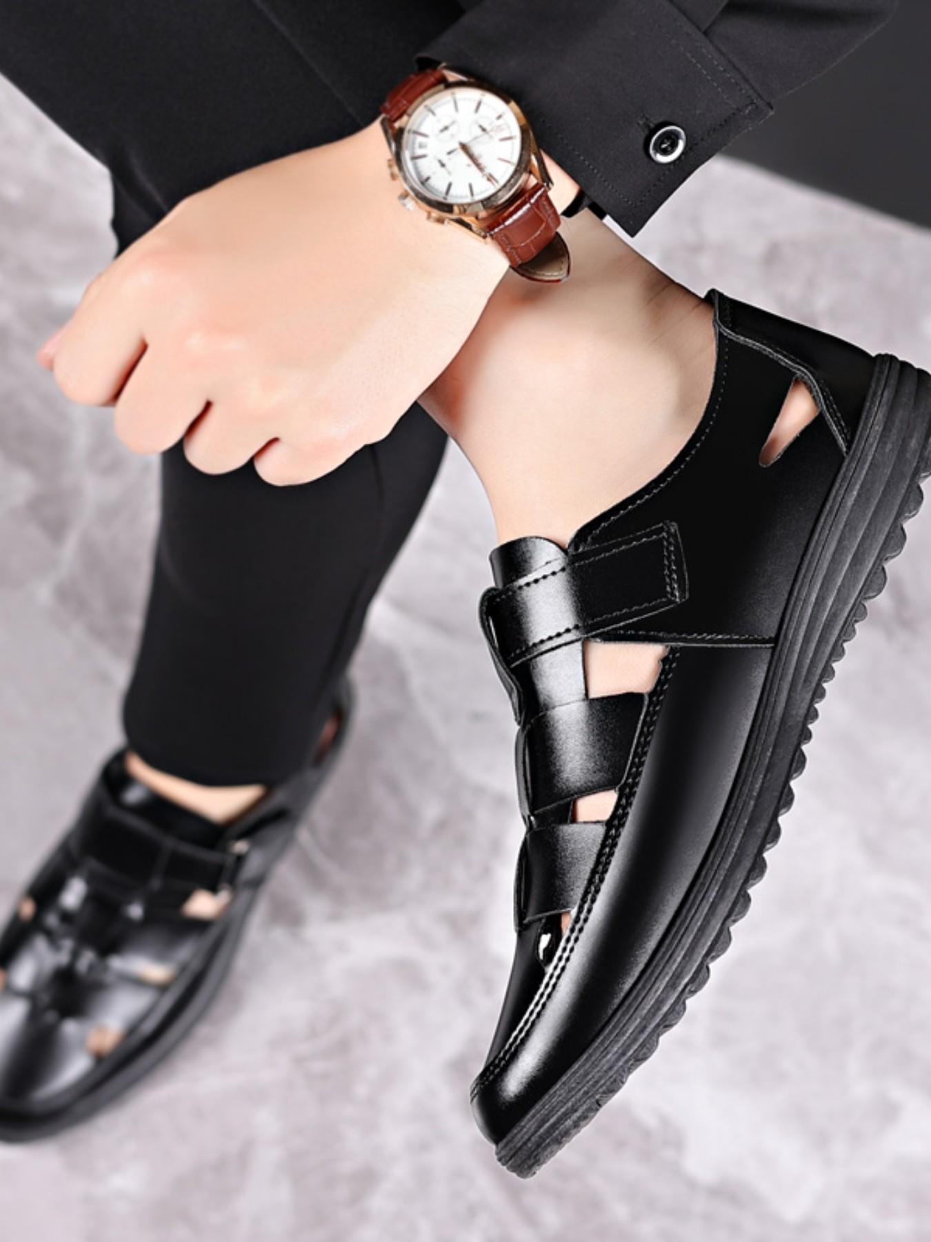 Men's Hollow Out Sandals, Summer New Arrival, Size 38-44, Velcro Soft Sole Anti-Slip Dad Shoes, Breathable Casual Leather Shoes