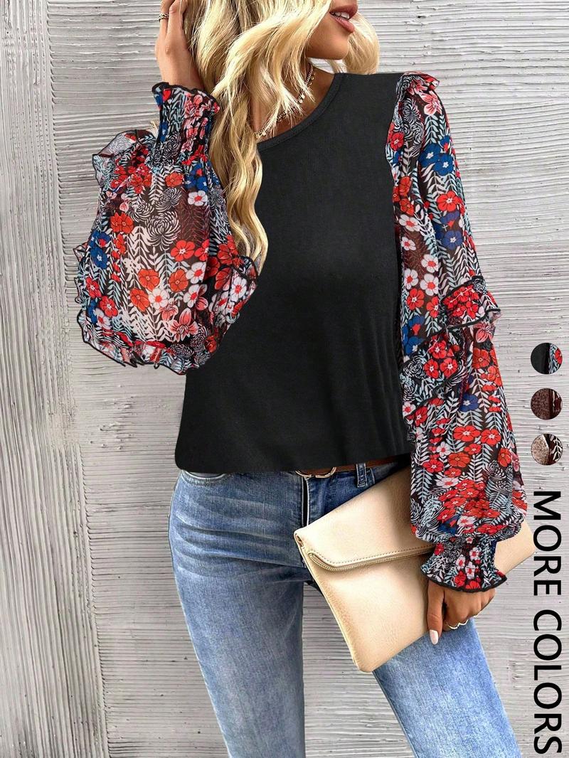 Women's Round Neck Lantern Sleeve Floral Print Patchwork Casual Cute Fall T-Shirt, Long Sleeve Top for Autumn Fashion