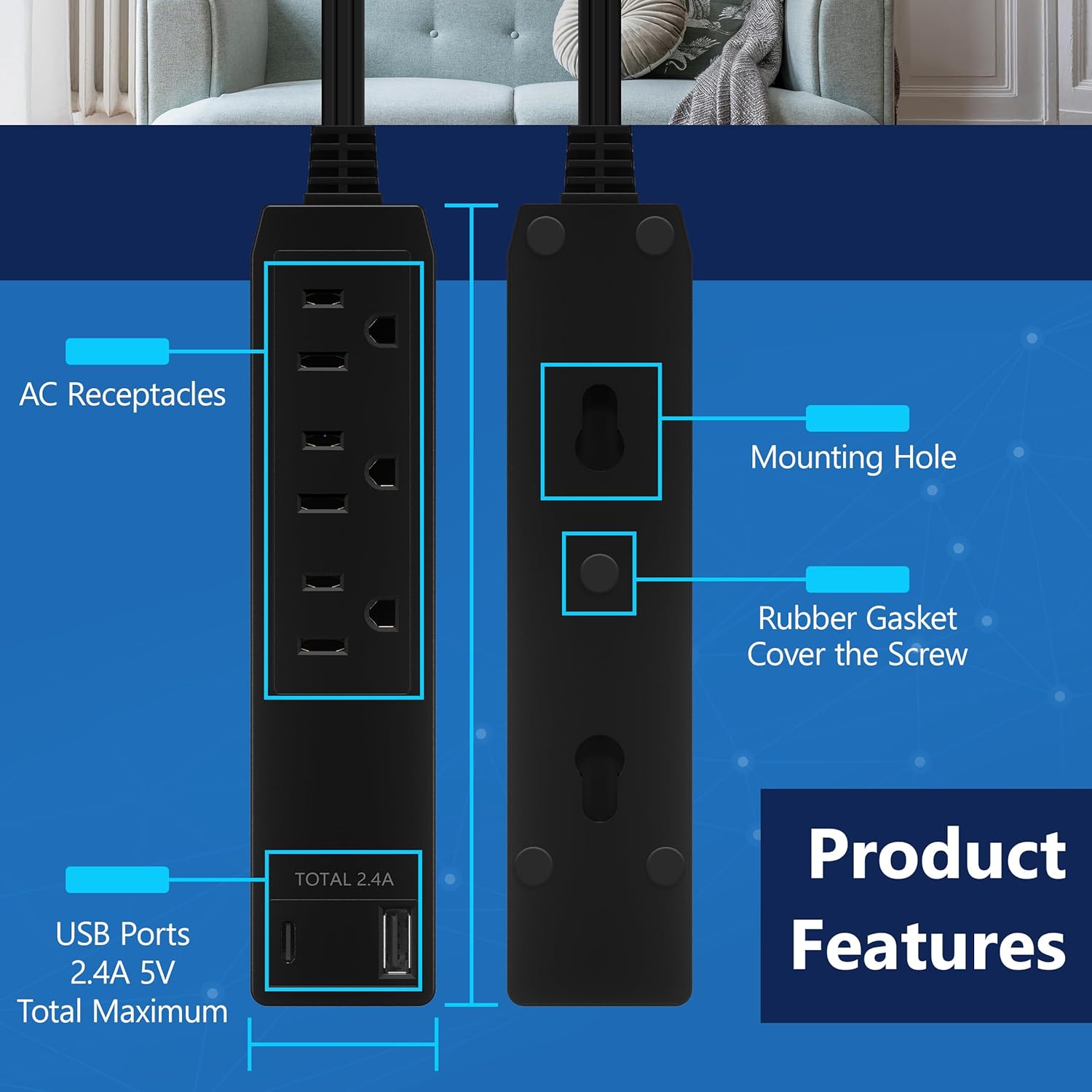 Outlet Extender with 3 Receptacles, 12W USB-A & USB-C, Ultra-Thin Wall Plate Plug with Cord Extender, 3-Outlet Power Strip, Flat-, 3ft Cord, 1625W, ETL Listed, Matte Black