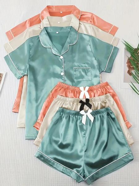 Women's Pyjama Set, Comfort PJ Set for Homewear, Short Sleeve Button Shirt & Elastic Waist Shorts, Women's Sleepwear for Summer, Loungewear, Pajama Set