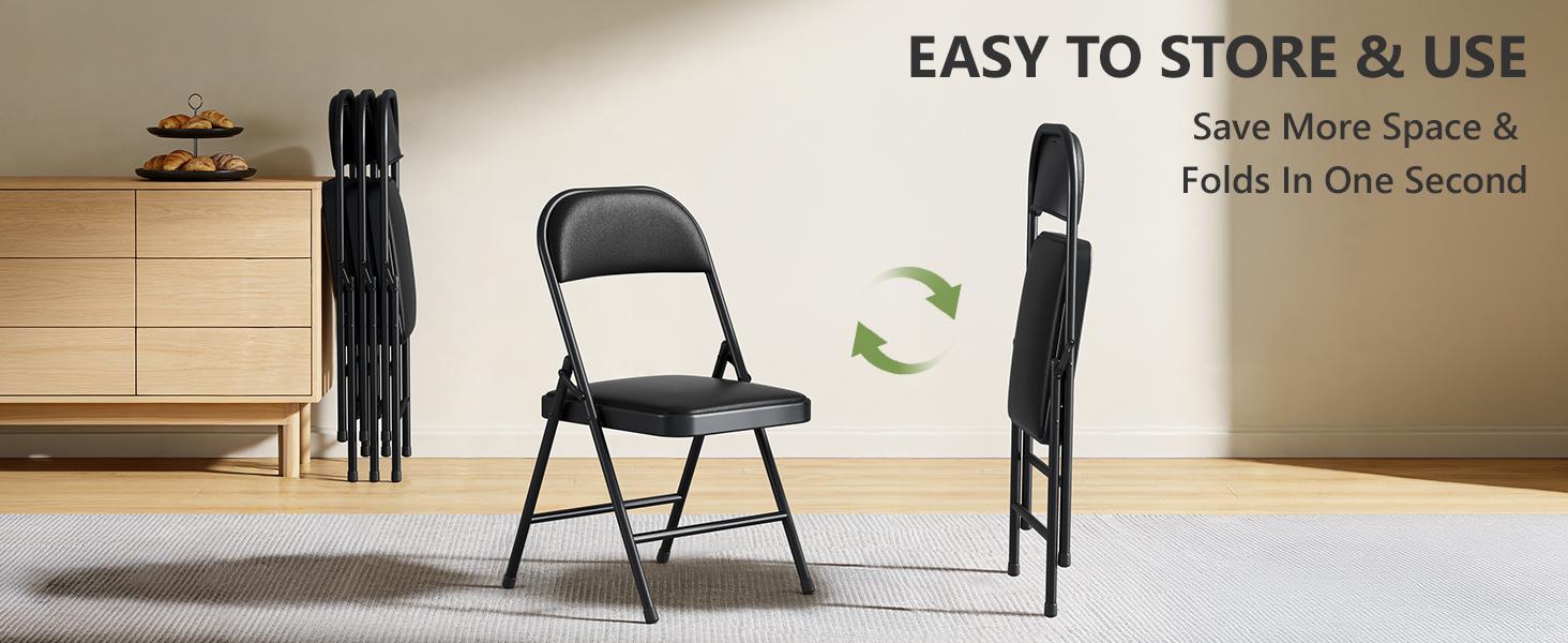 Folding Chairs ，PU Leather Padded Folding Chairs for Outside and Indoor, Heavy Duty Portable Foldable Metal Commercial Seat for Home Office, Dorm, Party, Backyard, Lawn, Patio, Black