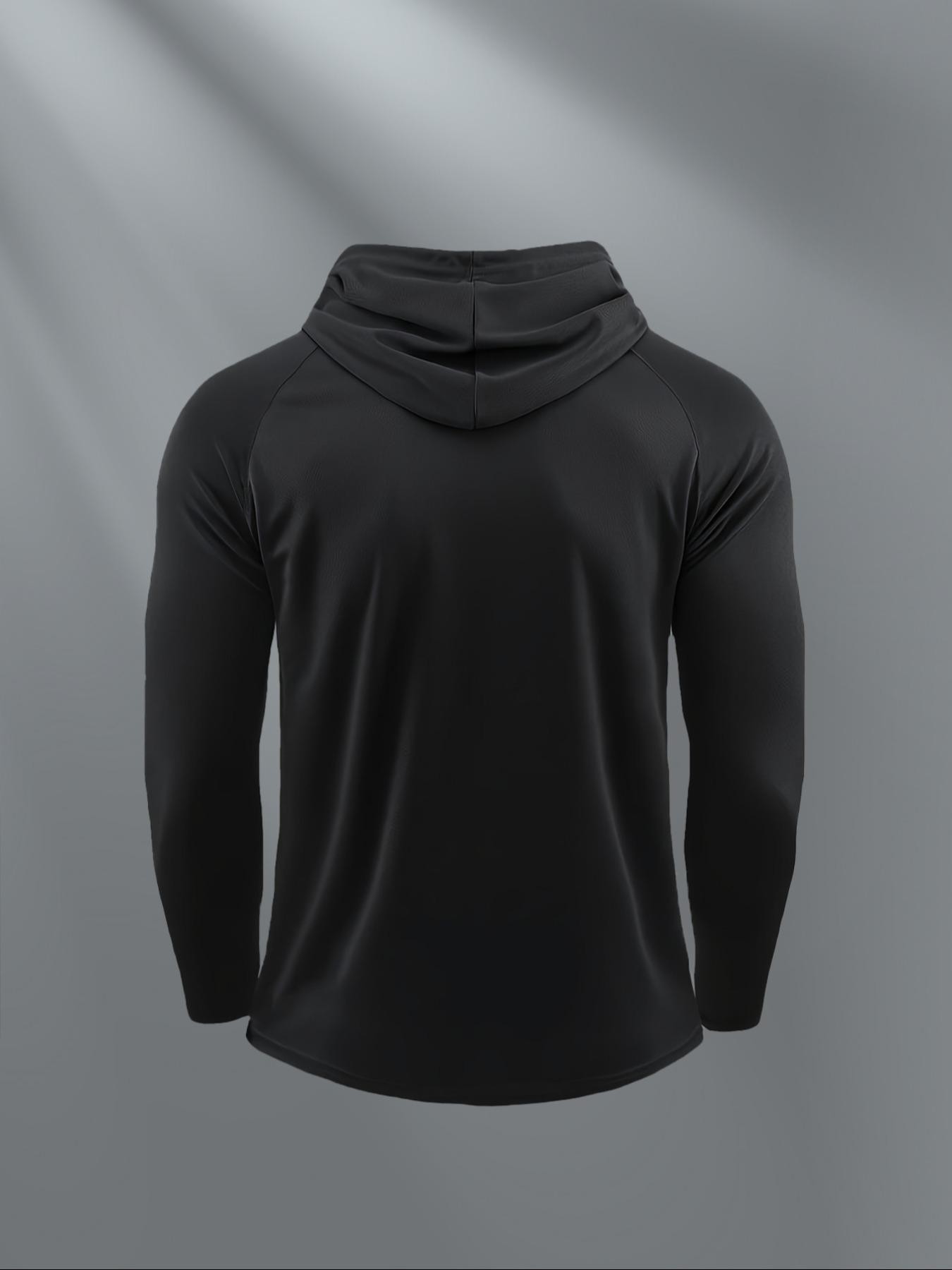 "RESTING GYM FACE" Dumbbell Graphic Hooded Compression Long Sleeve Shirt, Men's Stretch Gym Workout Fitness Athletic Hoodie (Black)