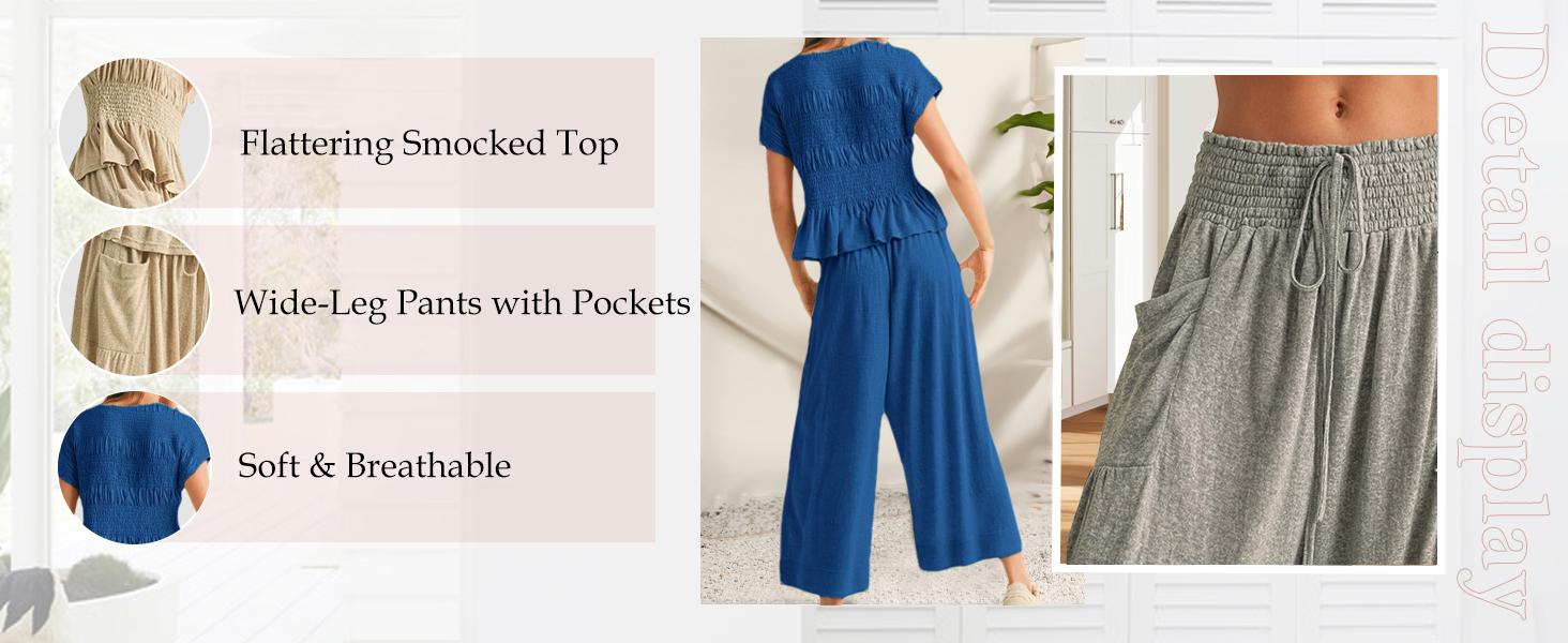 Molitree Women’s 2-Piece Smocked Top & Wide-Leg Pants Set–High-Waisted Lounge Outfit with Pockets Casual Boho Matching Set Clothes Ruffle