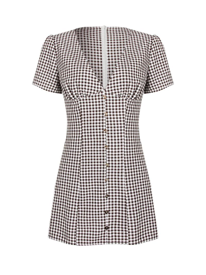 Women's Plaid Print Button Decor V Neck Dress Casual Fashion Short Sleeve Dress for Daily Outdoor Wear Ladies Clothes for All Seasons Sexy Shirt Mini Dress