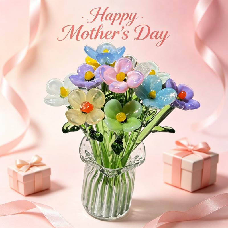 1/2/4/6/11PCS/SET Creative Mini Glass Flowers with Vase European Style Decorative Small Vase Set Elegant Crystal Clear Transparent Floral Bouquet Vase Office Desk Decor For Birthday Anniversary Mother's Day Handmade Glass Flower Bouquet Small Flower Gift