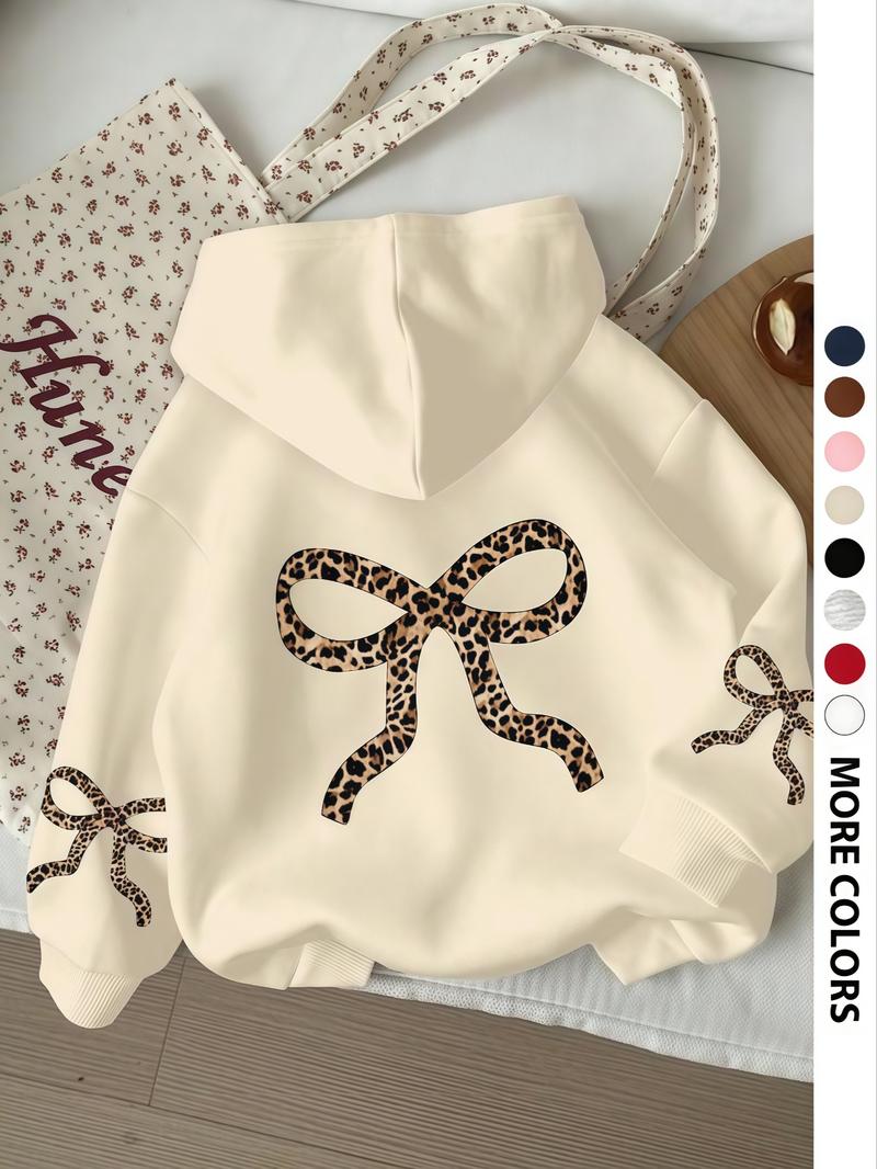 Women's Vintage Leopard Bow Design Hoodie, Casual Long Sleeve Sweatshirt, Fall & Winter Clothing, Daily Wear