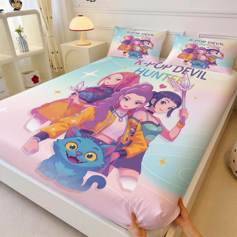 K Pop Demon Hunters Soft Breathable Fitted Sheet Set, bed sheets set, 3 Counts/set including 1 Fitted Sheet & 2 Pillowcases, Cute Idol Themed Decor for Bedrooms and Gifts