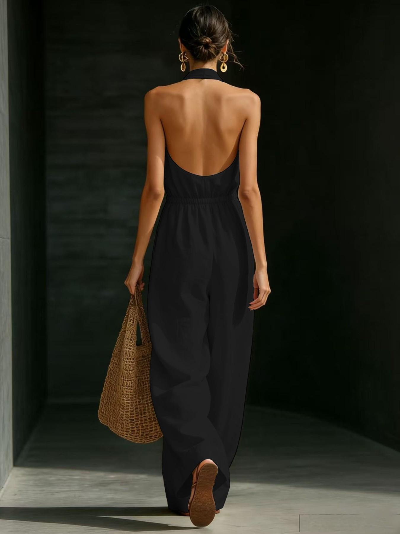 Women's V-Neck Halter Backless One-Piece Dress, Elegant Design, Fashionable Office Wear, French Style, Perfect for Daily Use