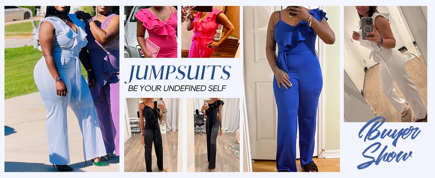 Womens Casual One Piece Jumpsuits V-Neck Sleeveless Ruffle Elegant Romper Wide Leg Pant Sexy Party Clubwear