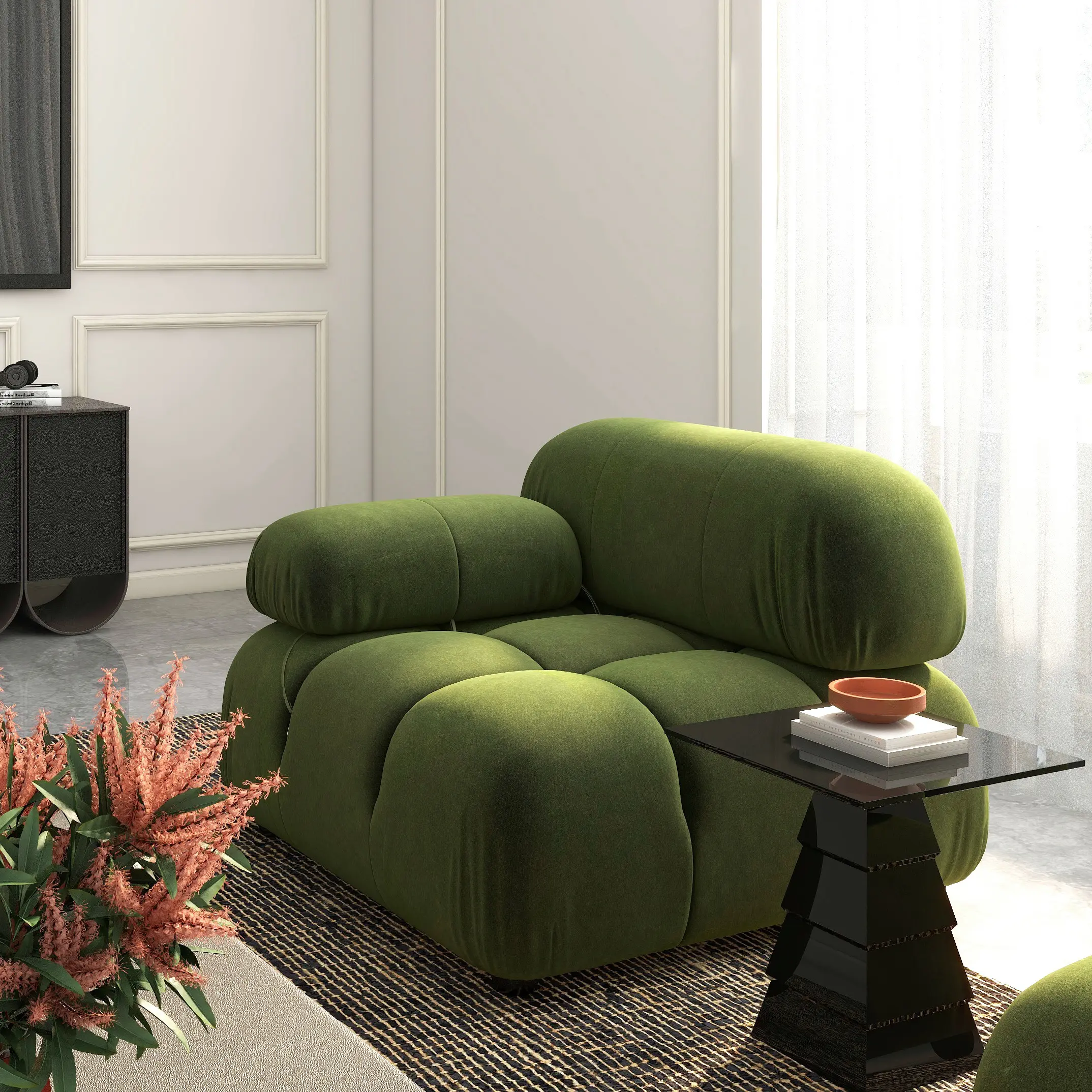 Linsy 36 in Bubble Modular Lounge Arm Chair with High-Density Foam and Sinuous Spring Support, Boucle or Velvet Upholstery, 15 in Low Seat, Eucalyptus Wood Frame, Rubberwood Feet with Anti-Skid Rubber Protector Pads, Living Space Accent Seating