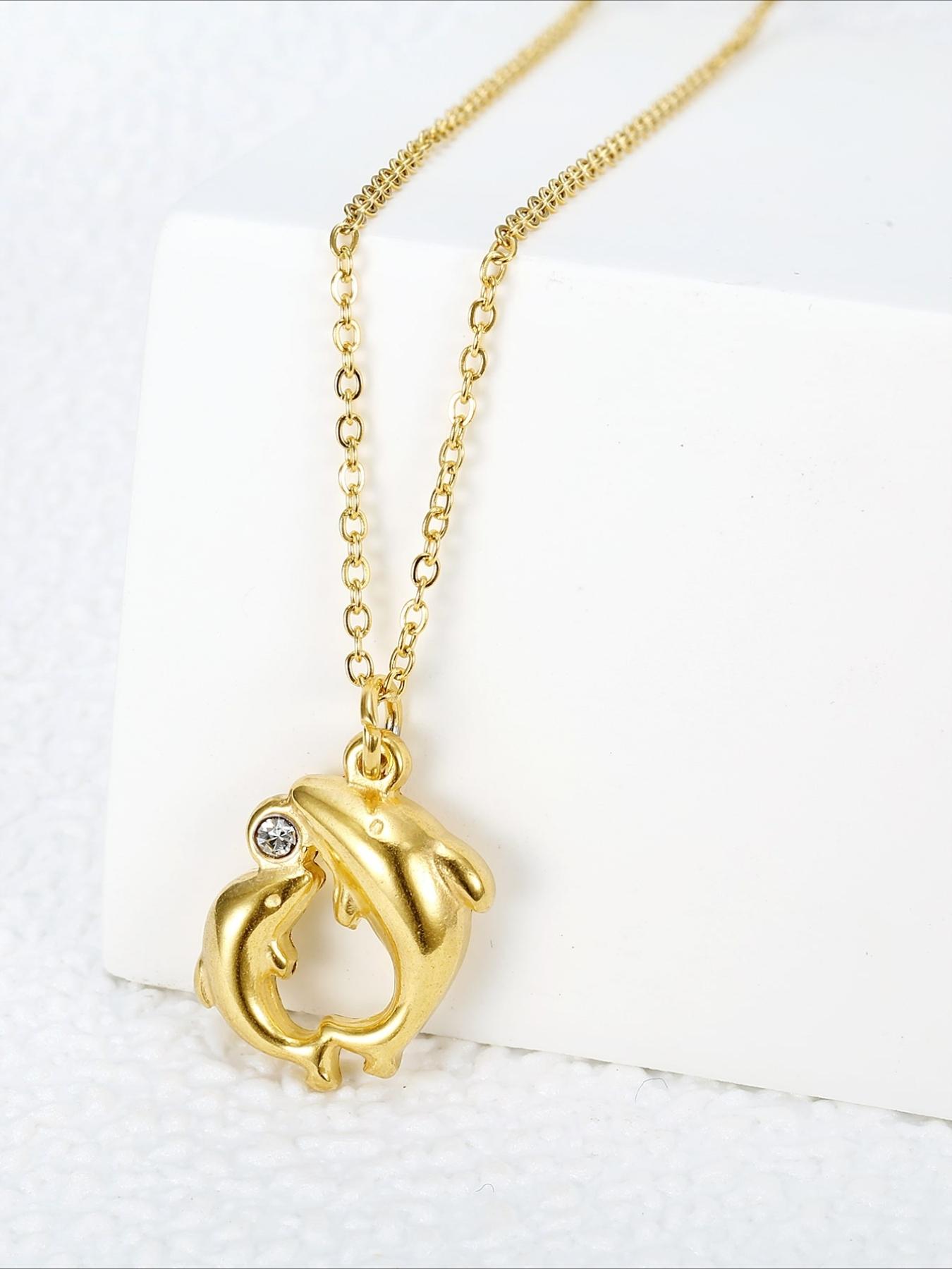 Stainless Steel Double Dolphin Set Zircon Necklace, Three-dimensional Dolphin Shape, High-end Stainless Steel Accessories, Versatile for Daily Use