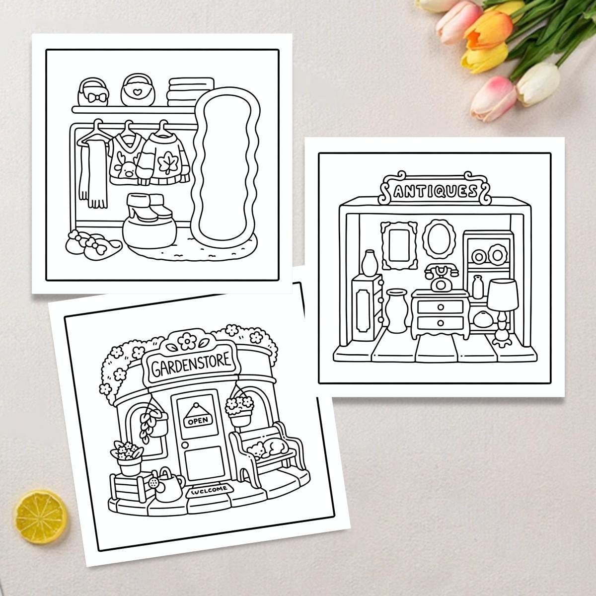 Building Coloring Book Theme, 24 Bold Stress-Relieving Designs, 7.9in X 7.9in Size, Thick Paper, Perfect Gift for Adults and Kids